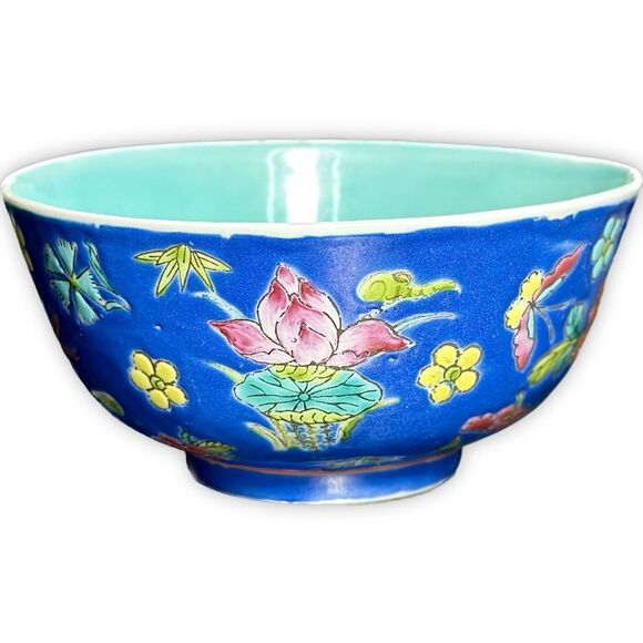 Vintage Famille Rose Blue Ground Millefleur Porcelain Rice Bowl & Spoon - Picture 3 of 10